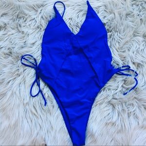 Blue Backless Lace-Up Side One Piece Cheeky Bikini
